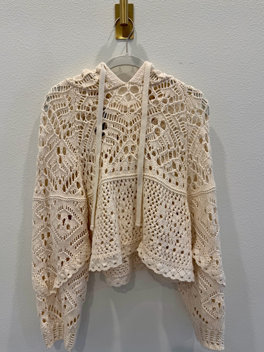 Anthropologie Crochet Open-Knit Hoodie Sweater in Cream